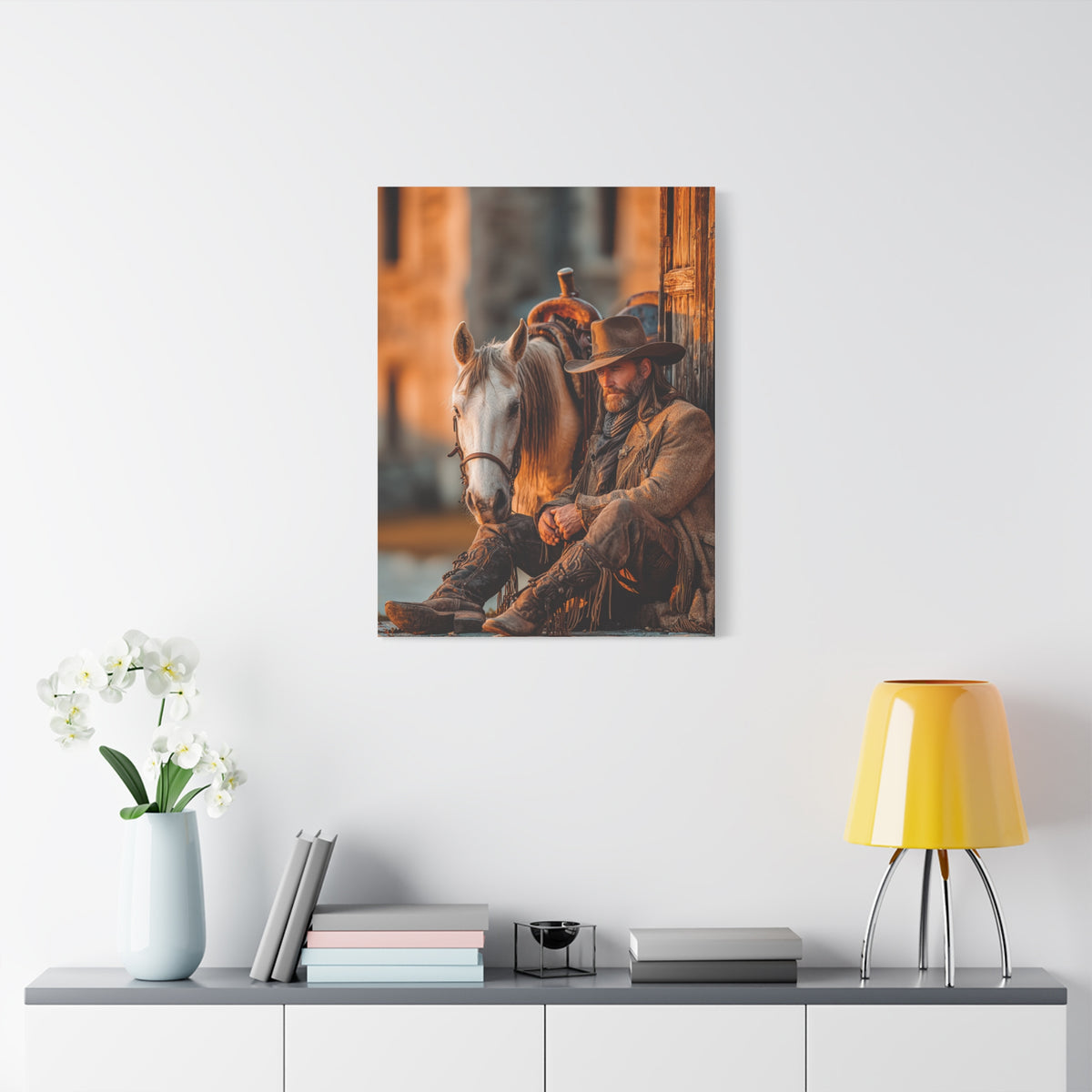 Cowboy Resting Beside His Horse Wall Art & Canvas Print