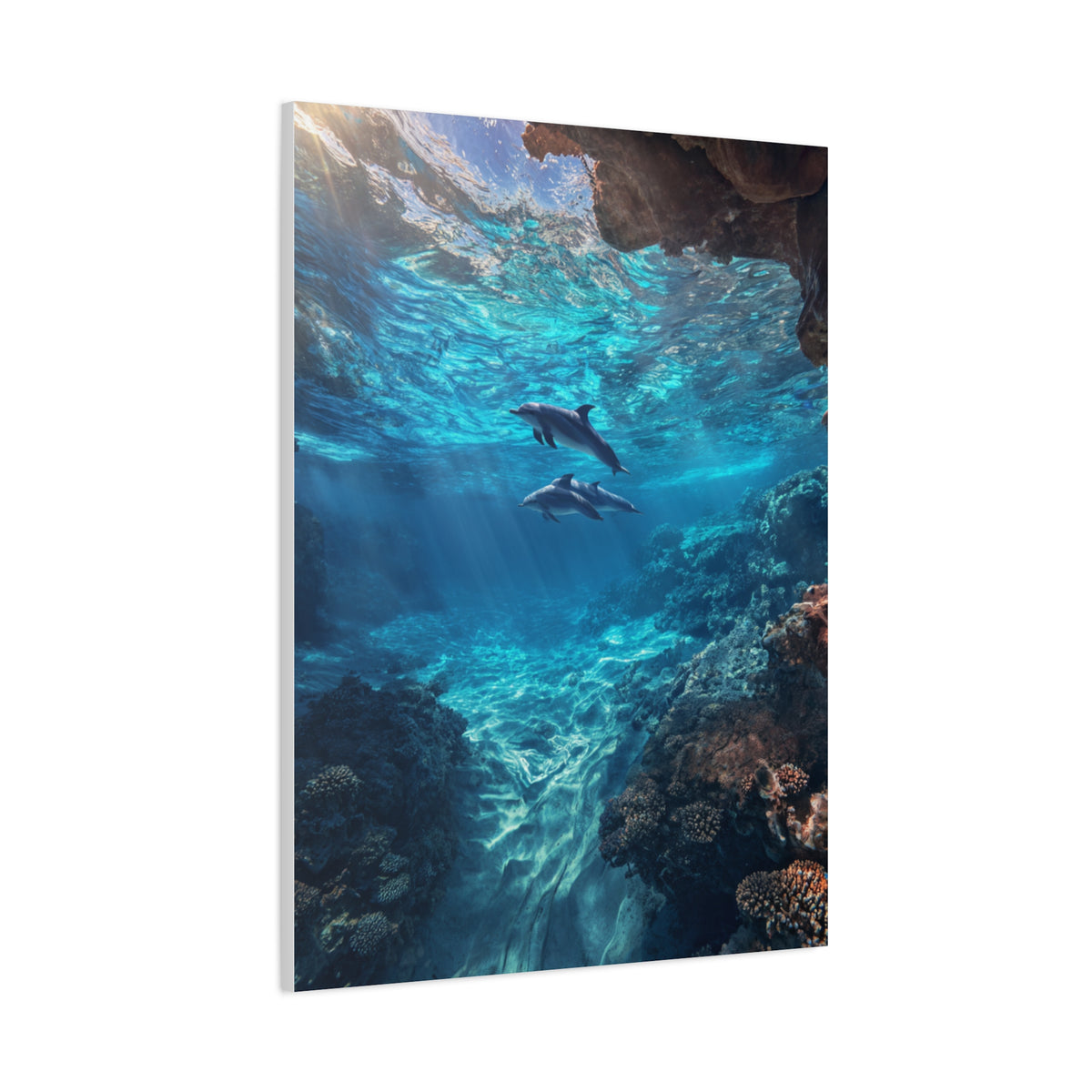 Dolphins Swimming Beneath Sunlit Ocean Waters Wall Art & Canvas Print