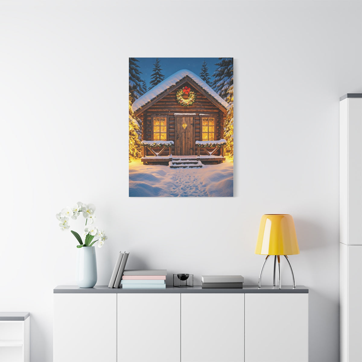 Cozy Snowy Christmas Cabin Among Pine Trees Wall Art & Canvas Print
