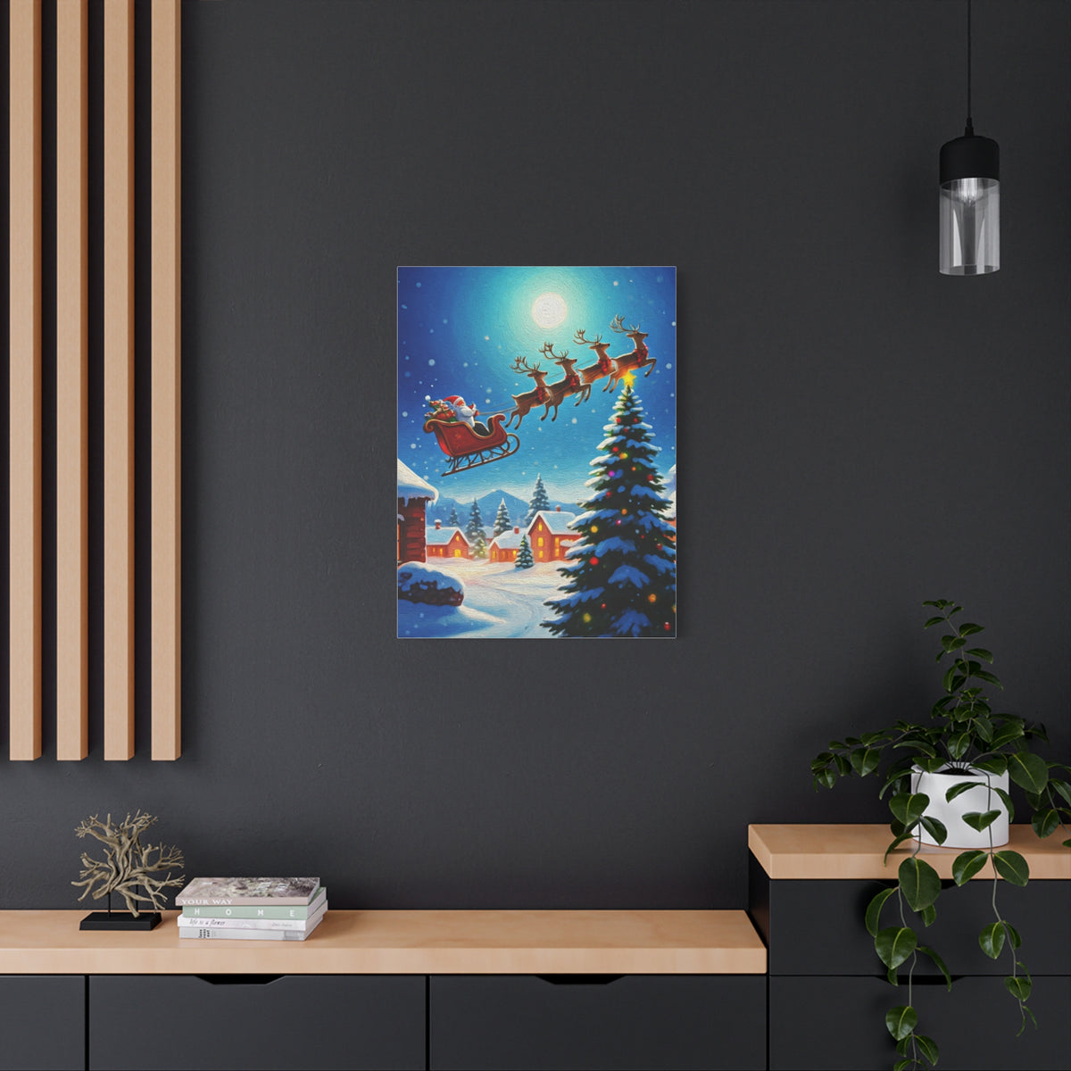Santa Sleigh Flying Over Snowy Christmas Village Wall Art & Canvas Print