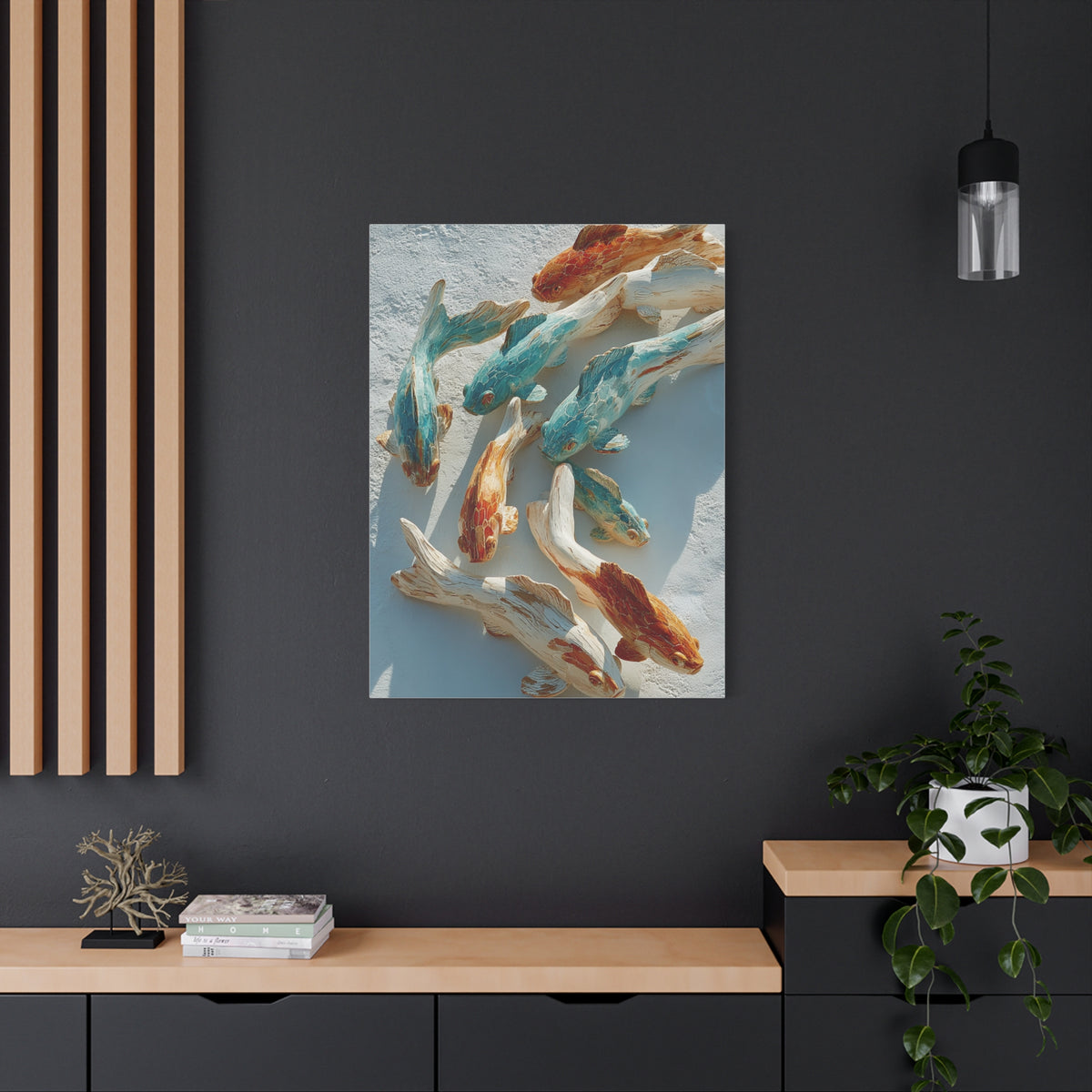 Driftwood School of Fish Coastal Sculpture Wall Art & Canvas Print