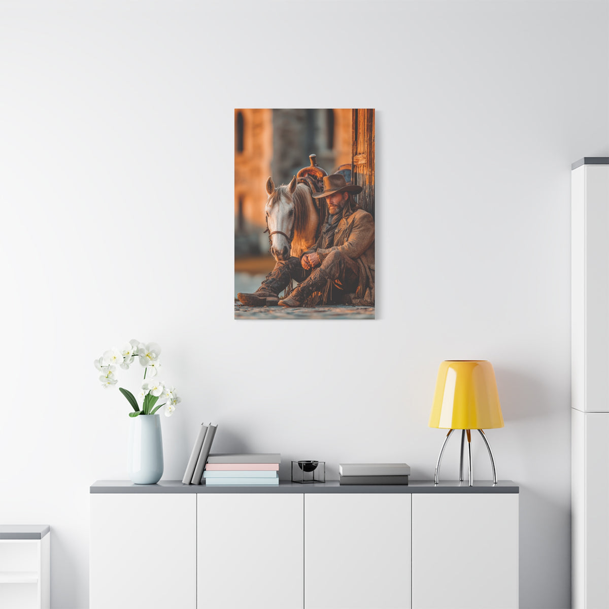 Cowboy Resting Beside His Horse Wall Art & Canvas Print