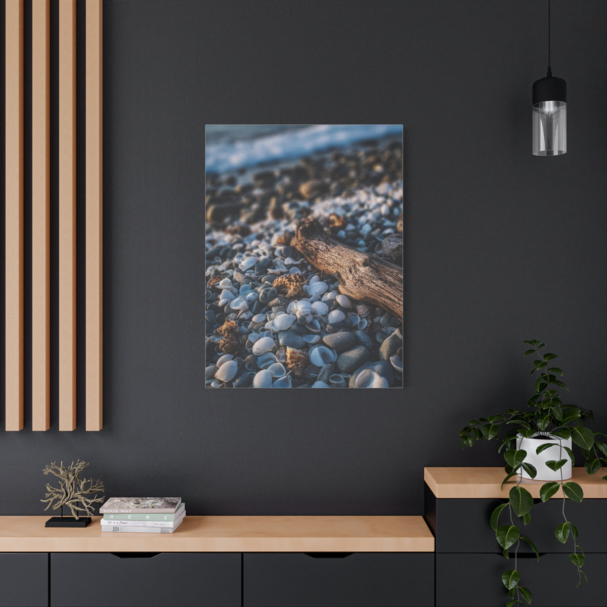 Rocky Shoreline with Seashells and Driftwood Wall Art & Canvas Print