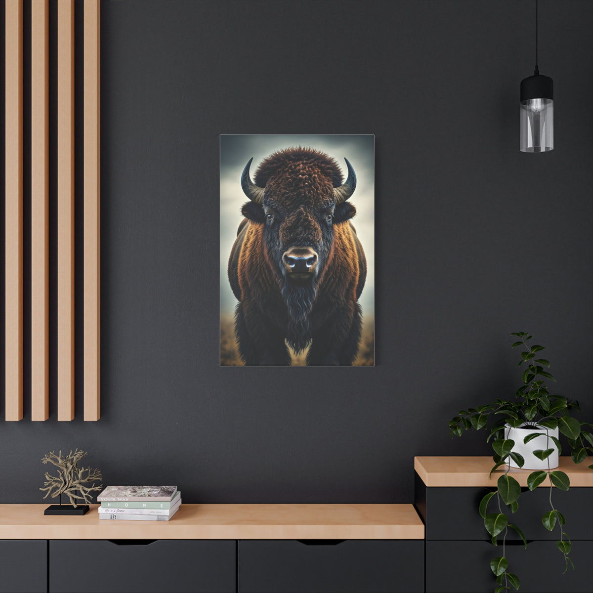 Symmetrical American Bison Portrait with Dramatic Overcast Lighting Wall Art & Canvas Print
