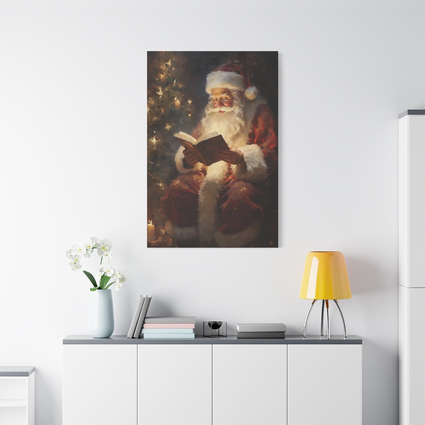 Santa Claus Reading In Candle Light Painting Wall Art & Canvas Prints