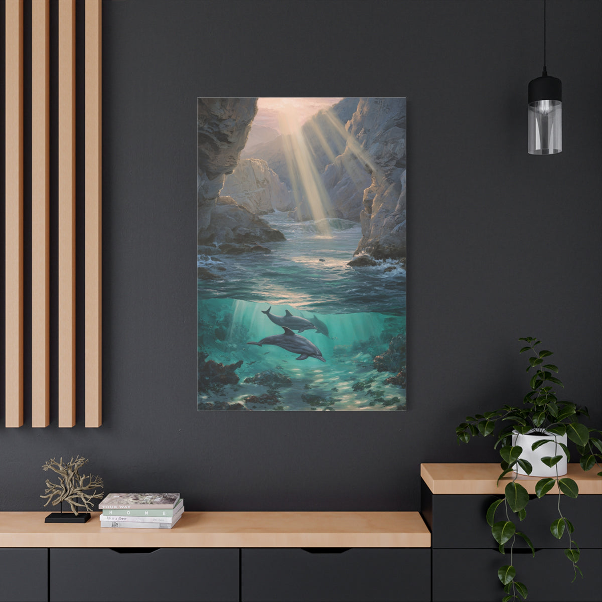 Dolphins Swimming Beneath Sunlit Coastal Waters Wall Art & Canvas Print
