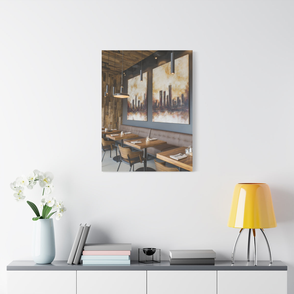 Elegant City Skyline Café Interior Wall Art & Canvas Print