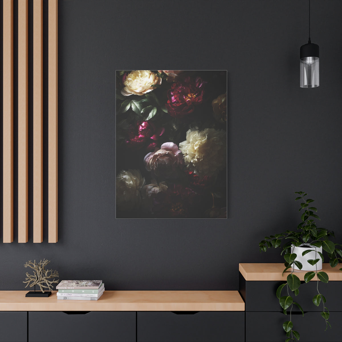 Luminous Peonies on Dark Background Wall Art & Canvas Print