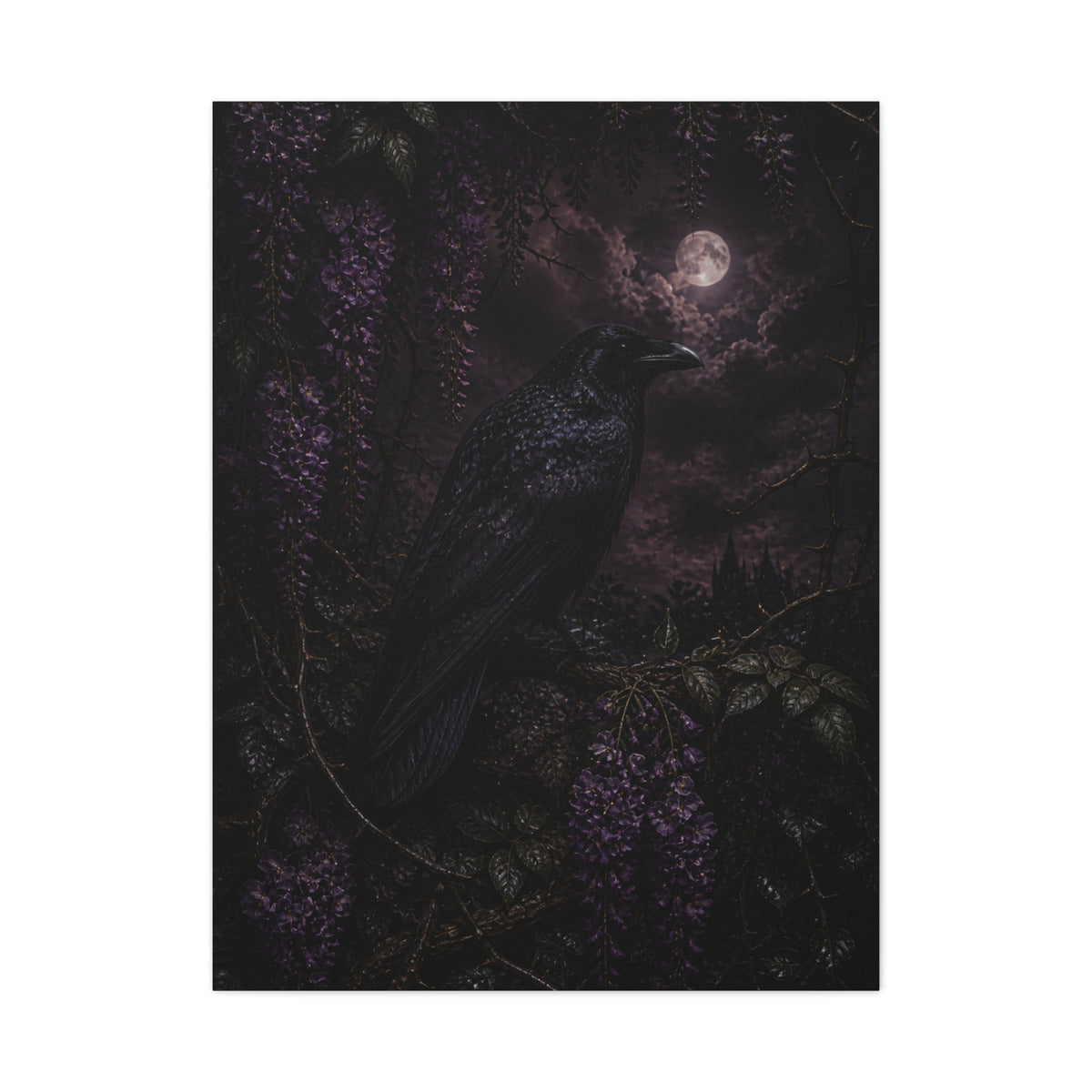 Raven in Wisteria Moonlit Scene Wall Art & Canvas Print