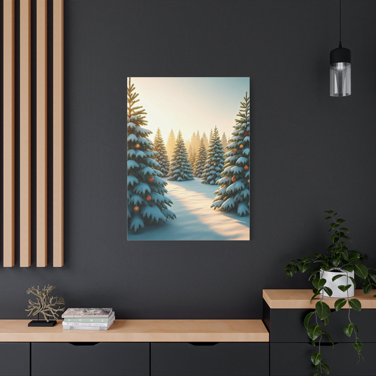 Snow Covered Christmas Tree Forest Under Winter Light Wall Art & Canvas Print