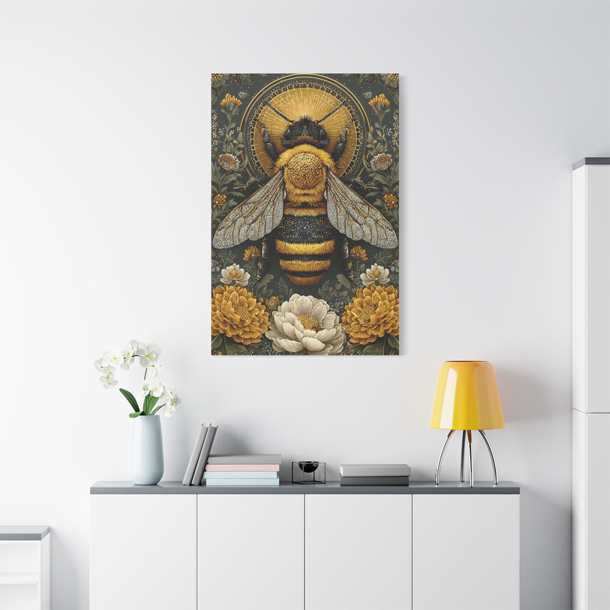 Honey Bee Botanical Folk Mandala Wall Art & Canvas Print