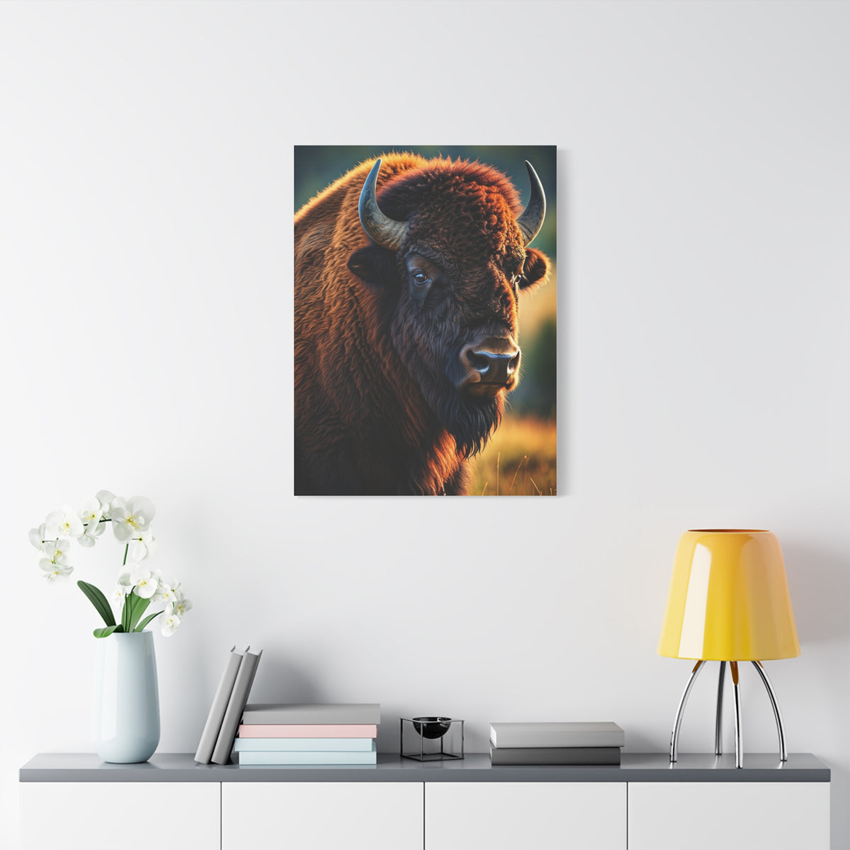 Golden Hour Bison Side Portrait with Warm Prairie Light Wall Art & Canvas Print
