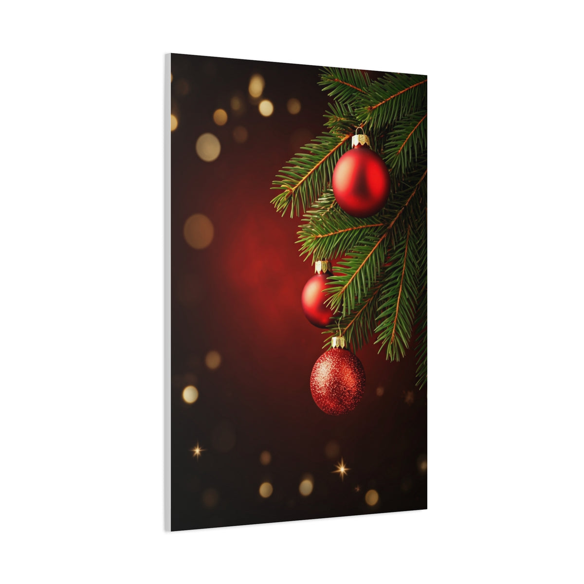 Red Christmas Tree Ornaments on Pine Branch Wall Art & Canvas Print