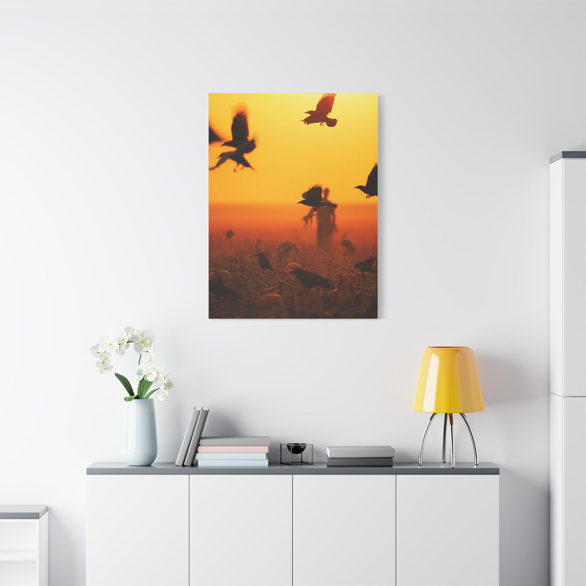 Crows Rising Over Pumpkin Field at Sunset Wall Art & Canvas Print