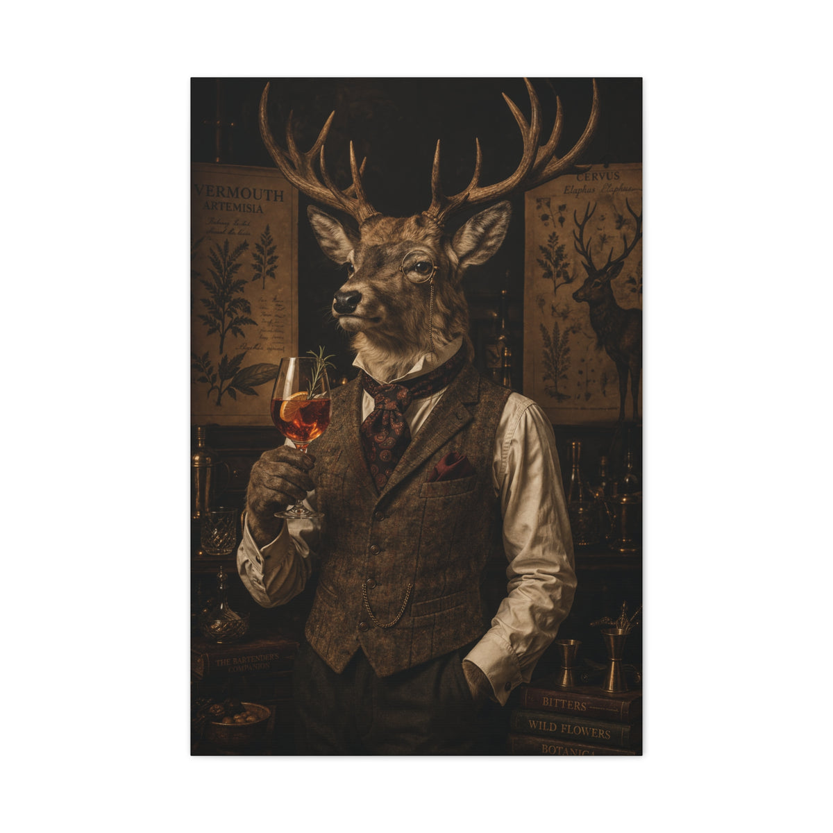 Vintage Botanical Stag Sommelier Portrait Wall Art & Canvas Print