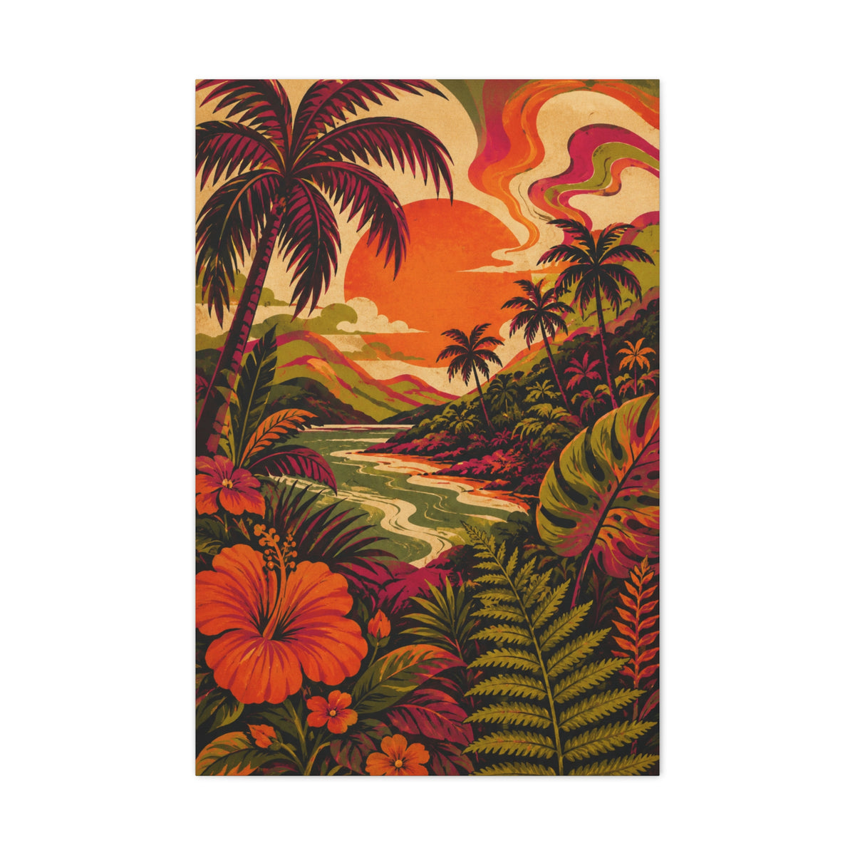 Vintage Tropical Valley Sunset Landscape Wall Art & Canvas Print