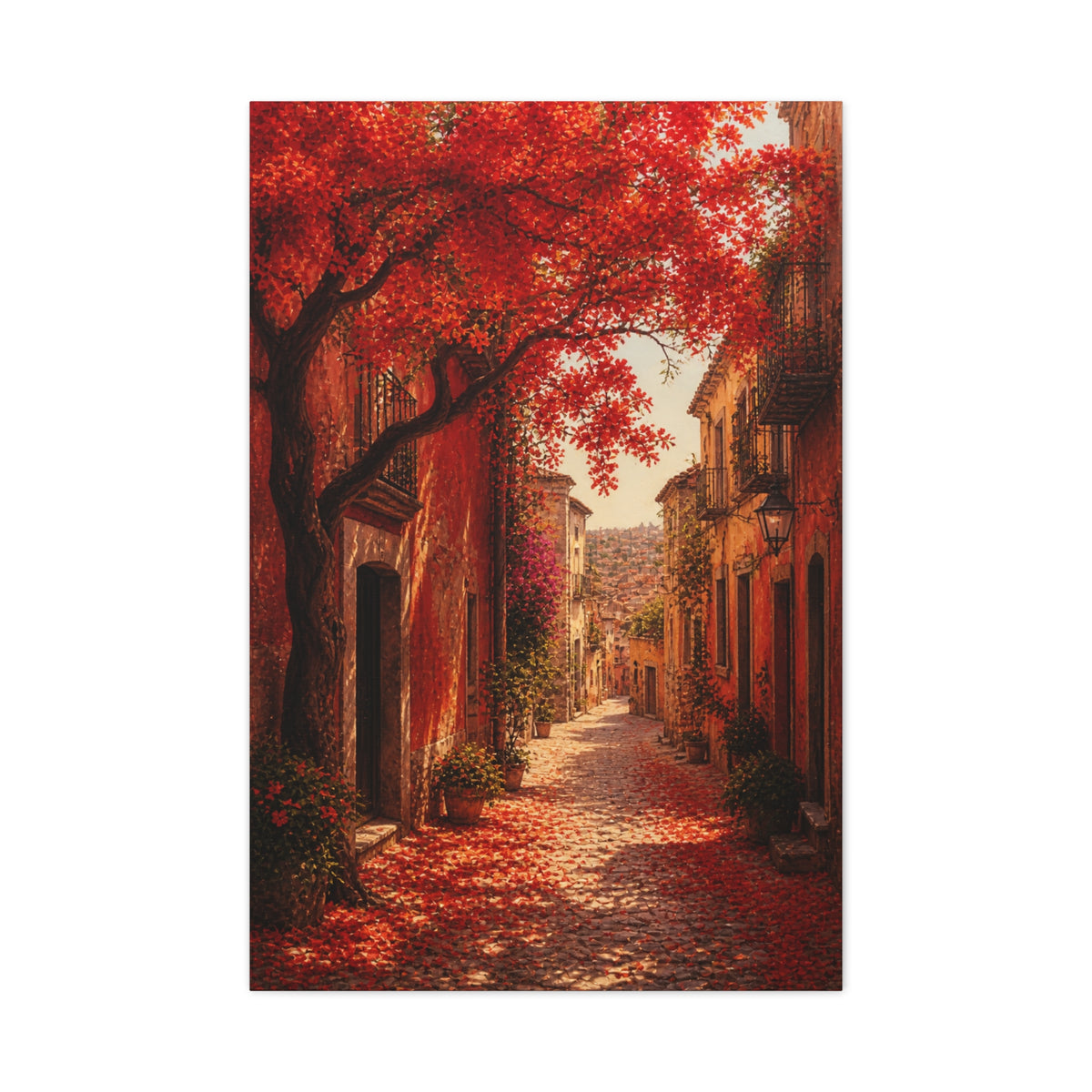 Autumn Red Blossom Street Scene Wall Art & Canvas Print