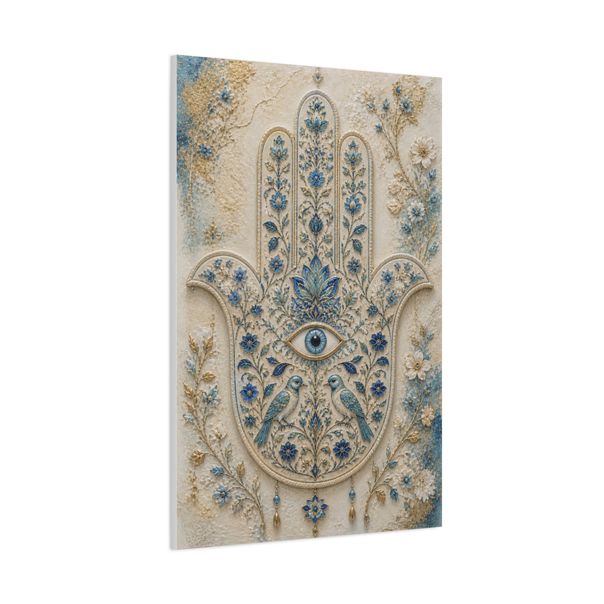Blue Floral Hamsa Sacred Symbol Wall Art & Canvas Print