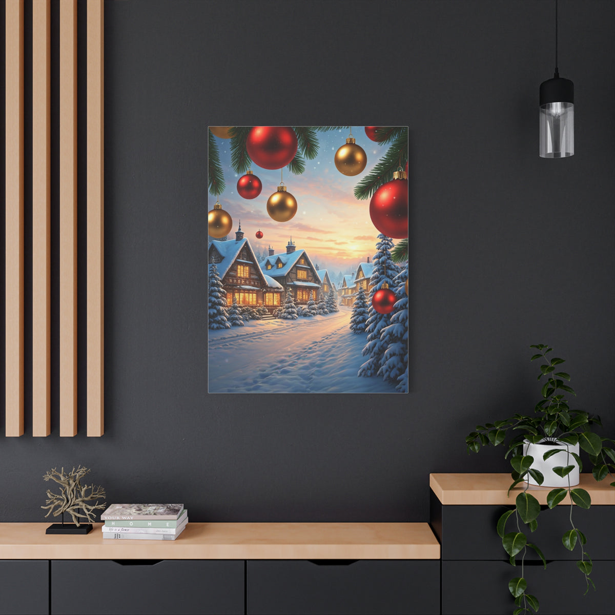 Snowy Christmas Village With Festive Ornaments Wall Art & Canvas Print