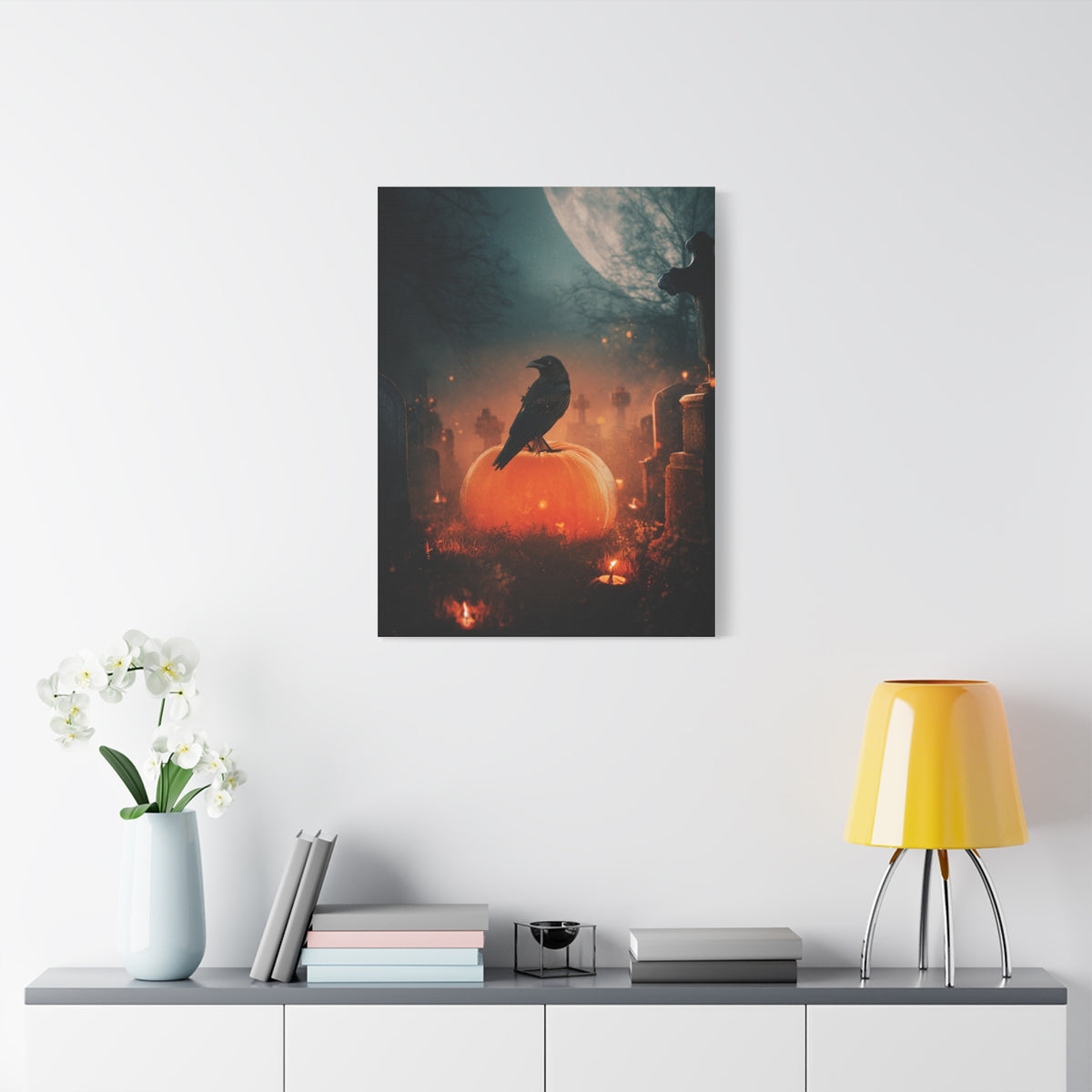 Crow on Pumpkin in Moonlit Graveyard Wall Art & Canvas Print
