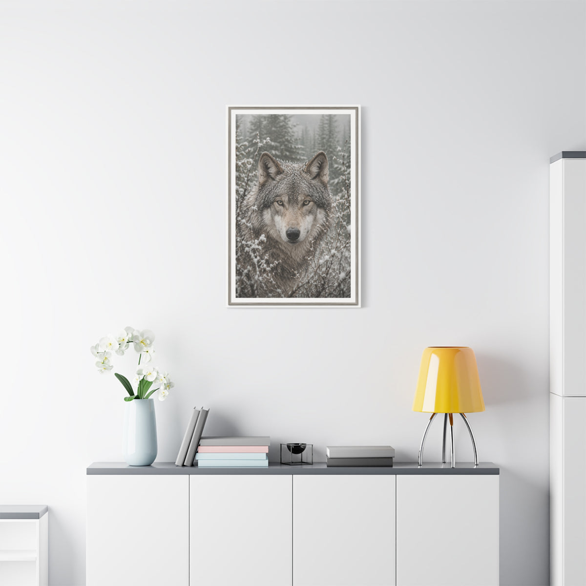 Snow Forest Gray Wolf Framed Portrait Wall Art & Canvas Print