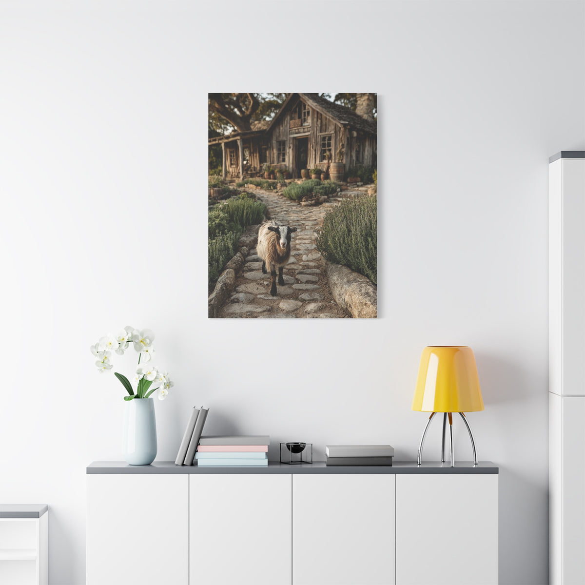 Farmhouse Garden Path with Goat Wall Art & Canvas Print