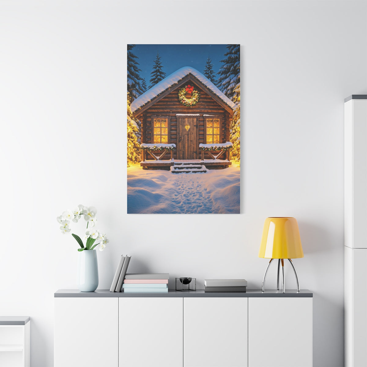 Cozy Snowy Christmas Cabin Among Pine Trees Wall Art & Canvas Print