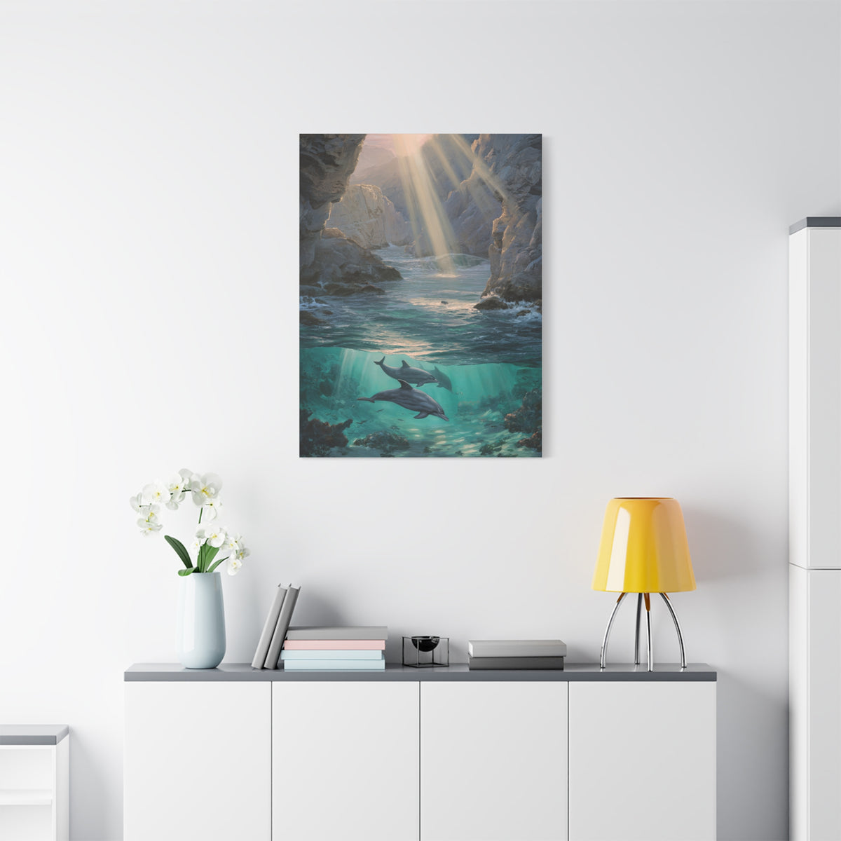 Dolphins Swimming Beneath Sunlit Coastal Waters Wall Art & Canvas Print