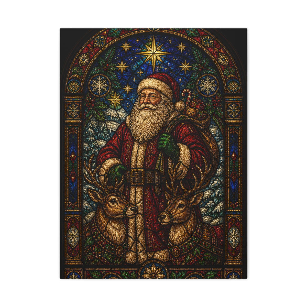 Stained Glass Santa and Reindeer Wall Art & Canvas Print