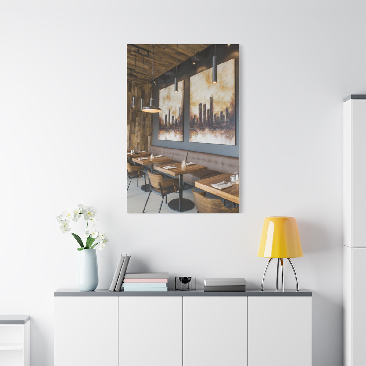 Elegant City Skyline Café Interior Wall Art & Canvas Print