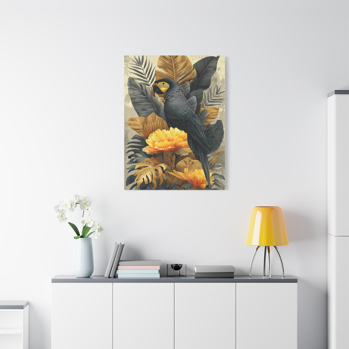Black and Gold Tropical Parrot Wall Art & Canvas Print