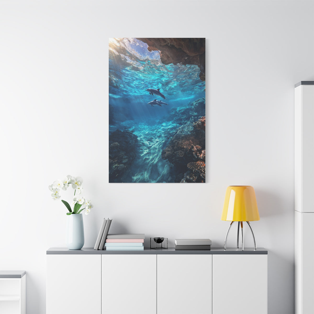 Dolphins Swimming Beneath Sunlit Ocean Waters Wall Art & Canvas Print