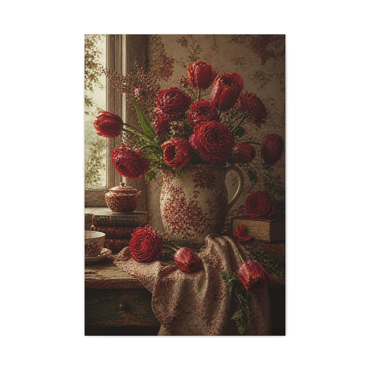 English Cottage Red Floral Still Life Wall Art & Canvas Print