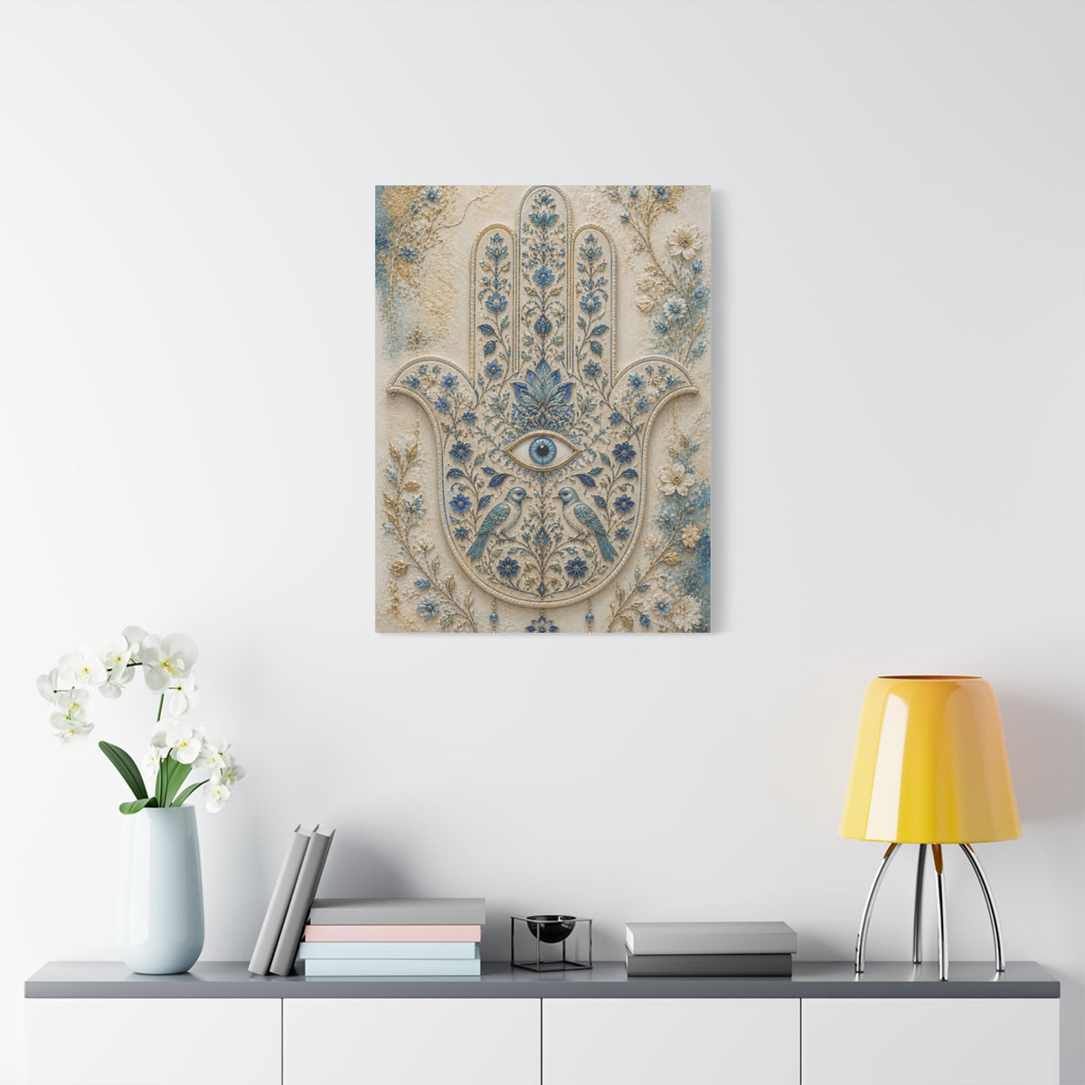 Blue Floral Hamsa Sacred Symbol Wall Art & Canvas Print
