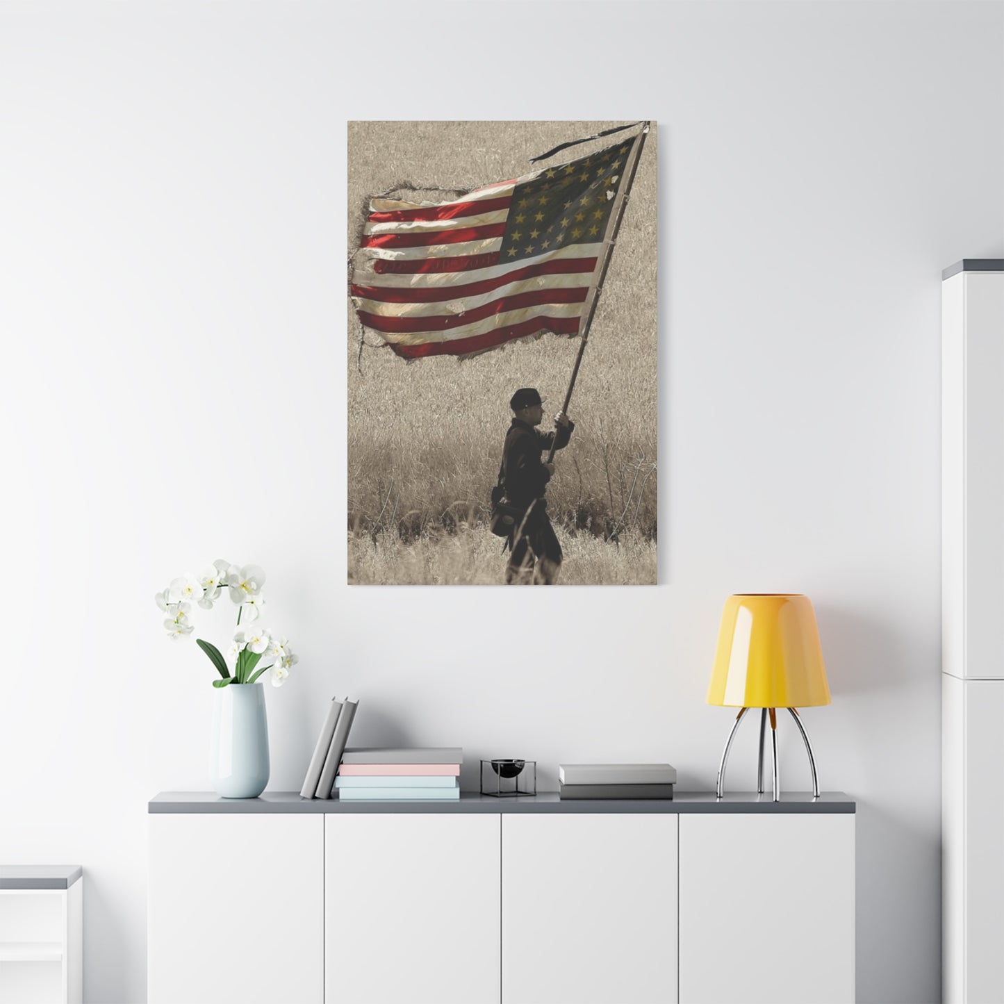 Man Carrying Flag Range Wall Art & Canvas Prints