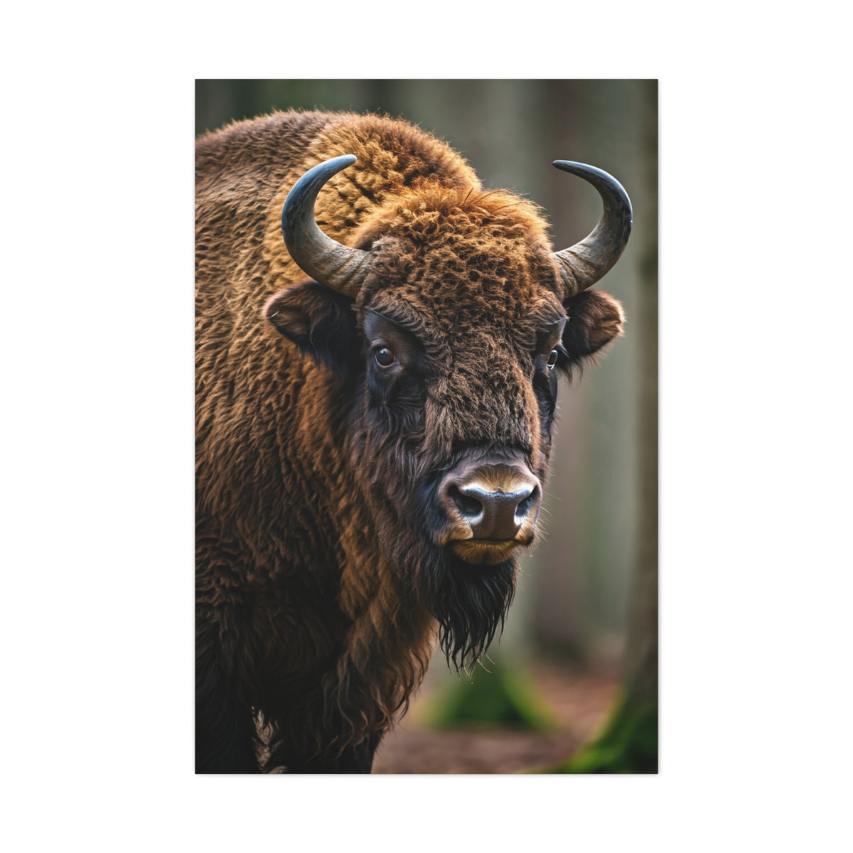 Wood Bison Close-Up with Soft Forest Backdrop Wall Art & Canvas Print