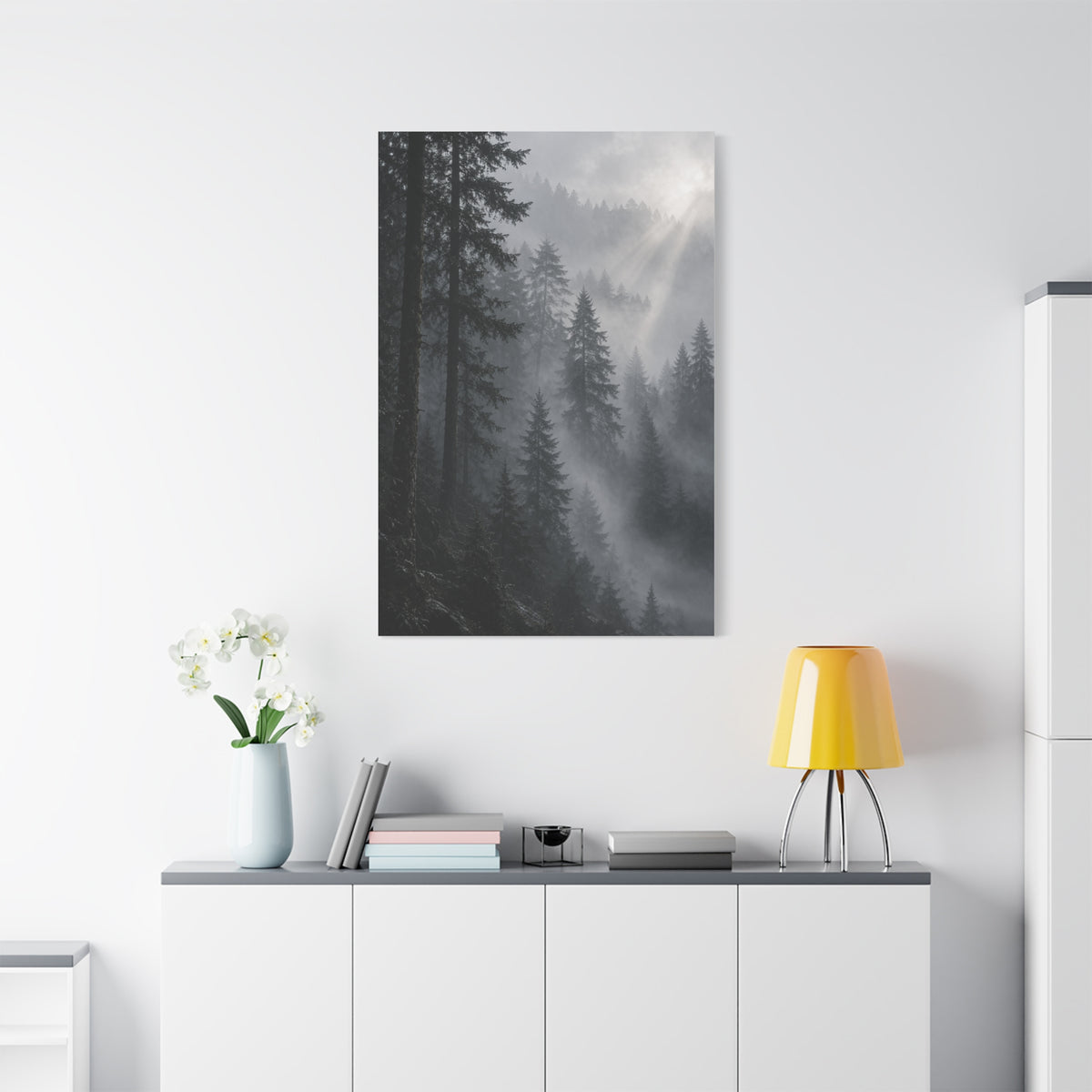 Misty Pine Forest Light Wall Art & Canvas Print