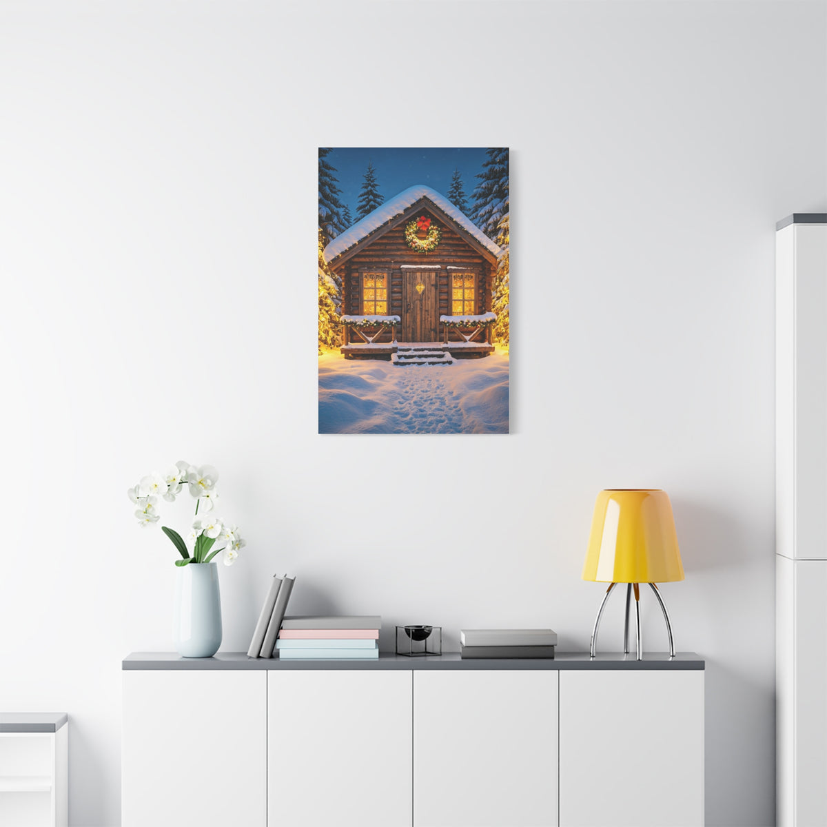 Cozy Snowy Christmas Cabin Among Pine Trees Wall Art & Canvas Print