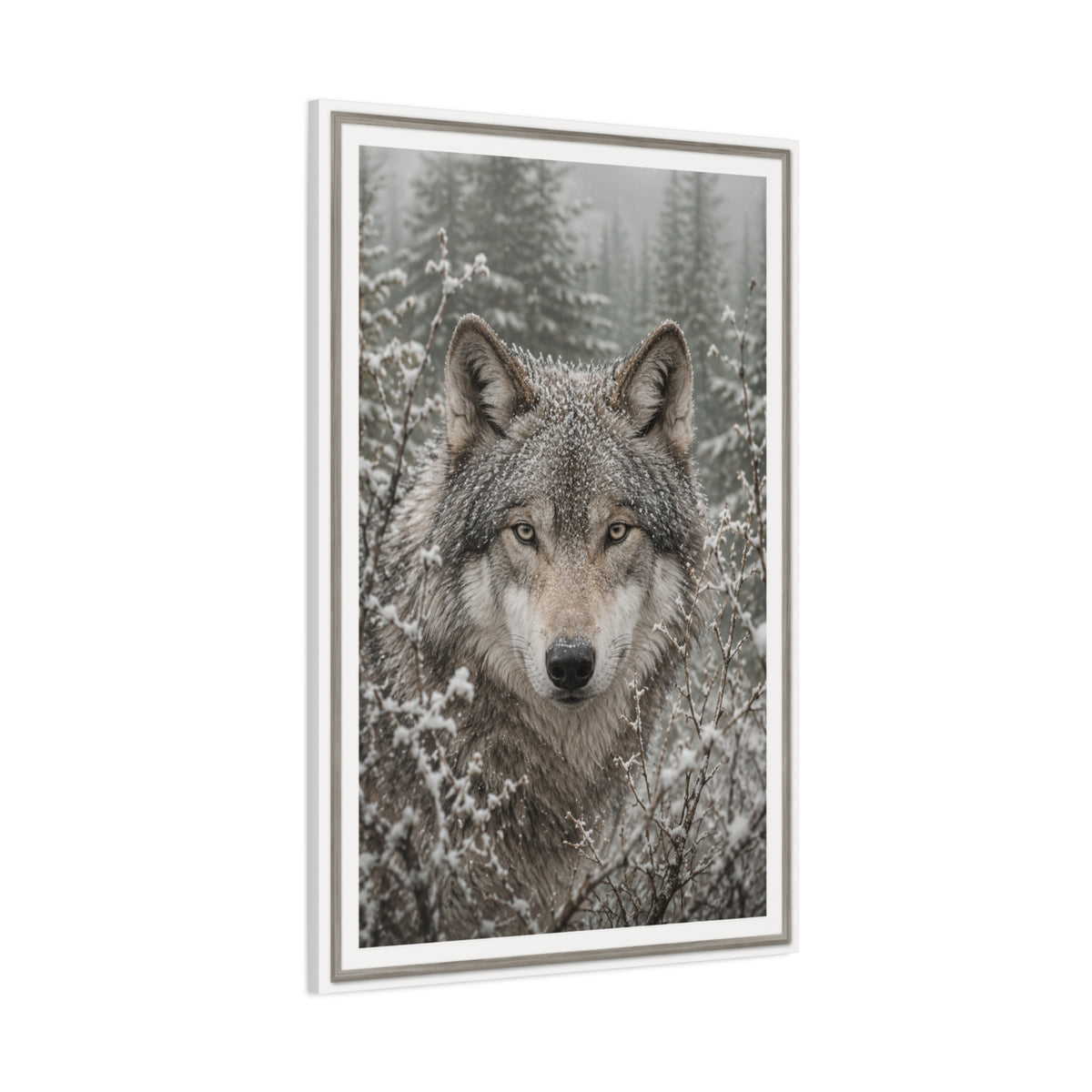 Snow Forest Gray Wolf Framed Portrait Wall Art & Canvas Print
