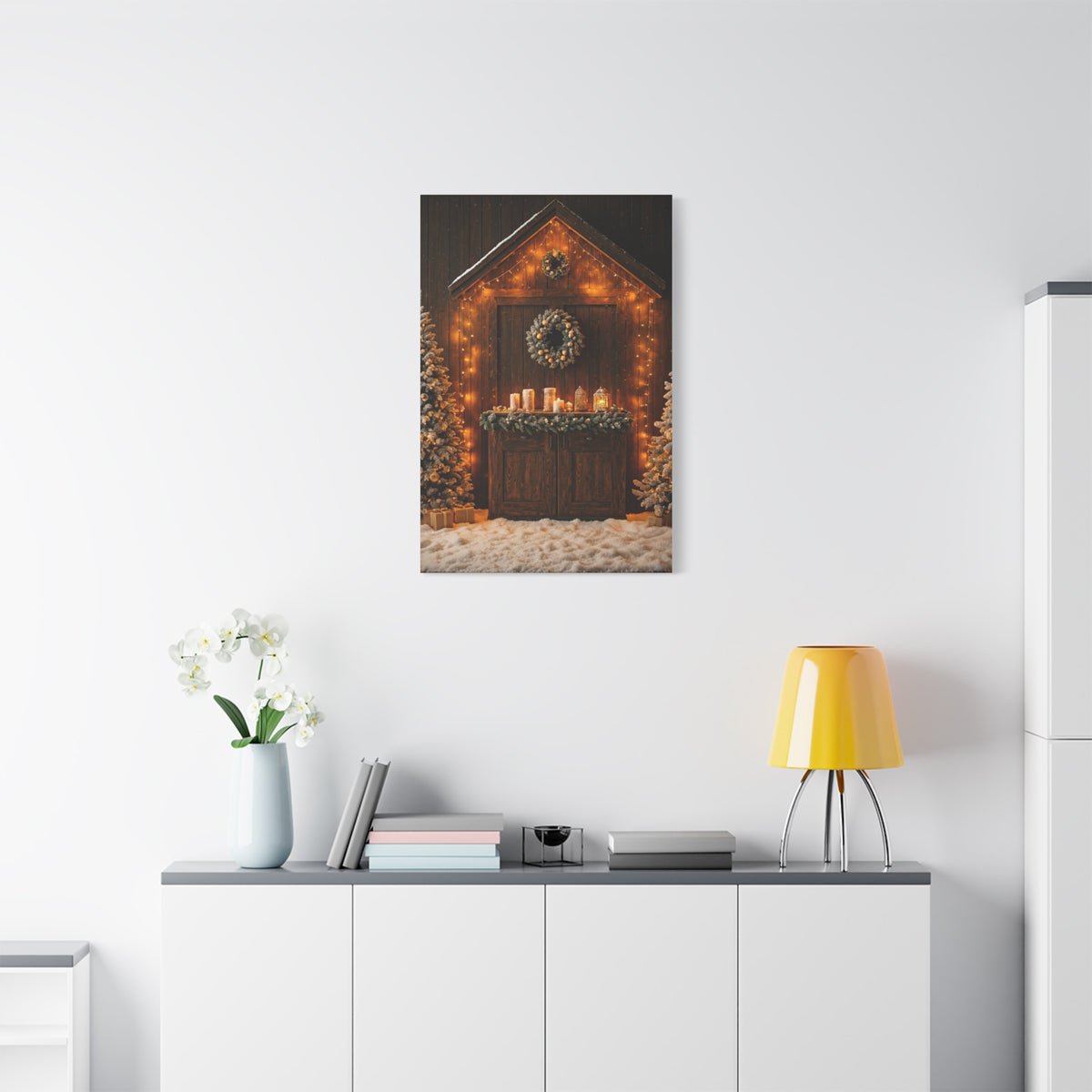 Festive Christmas Entrance With Wreath and Candlelight Wall Art & Canvas Print