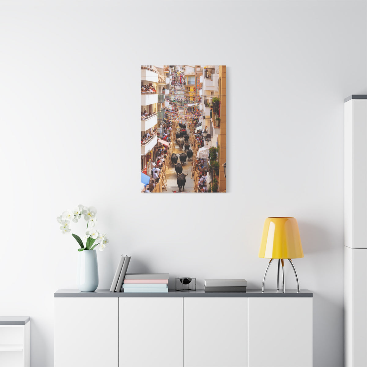 Spanish Village Bull Festival Street Scene Wall Art & Canvas Print