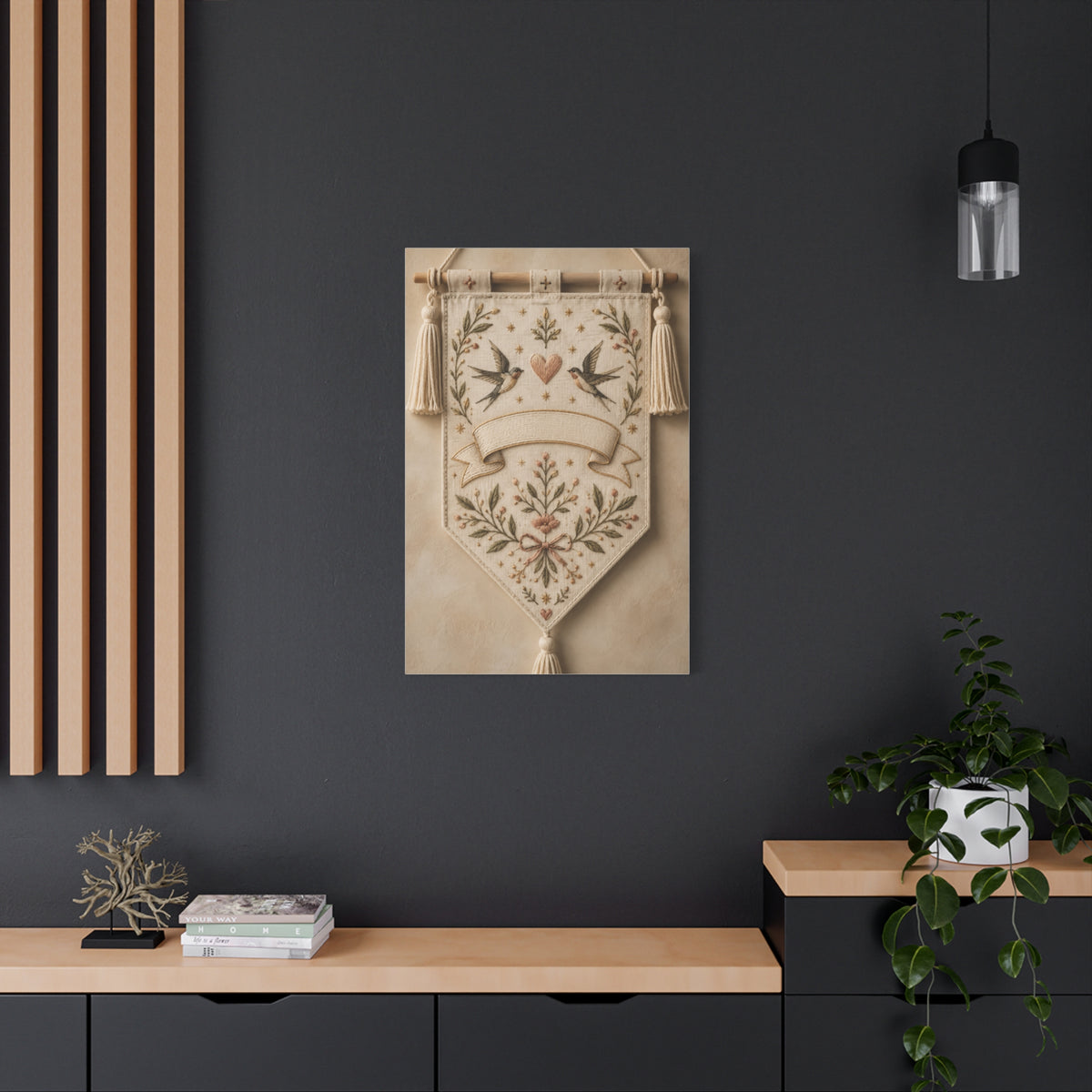 Hand-Embroidered Romantic Birds Textile Wall Art & Canvas Print