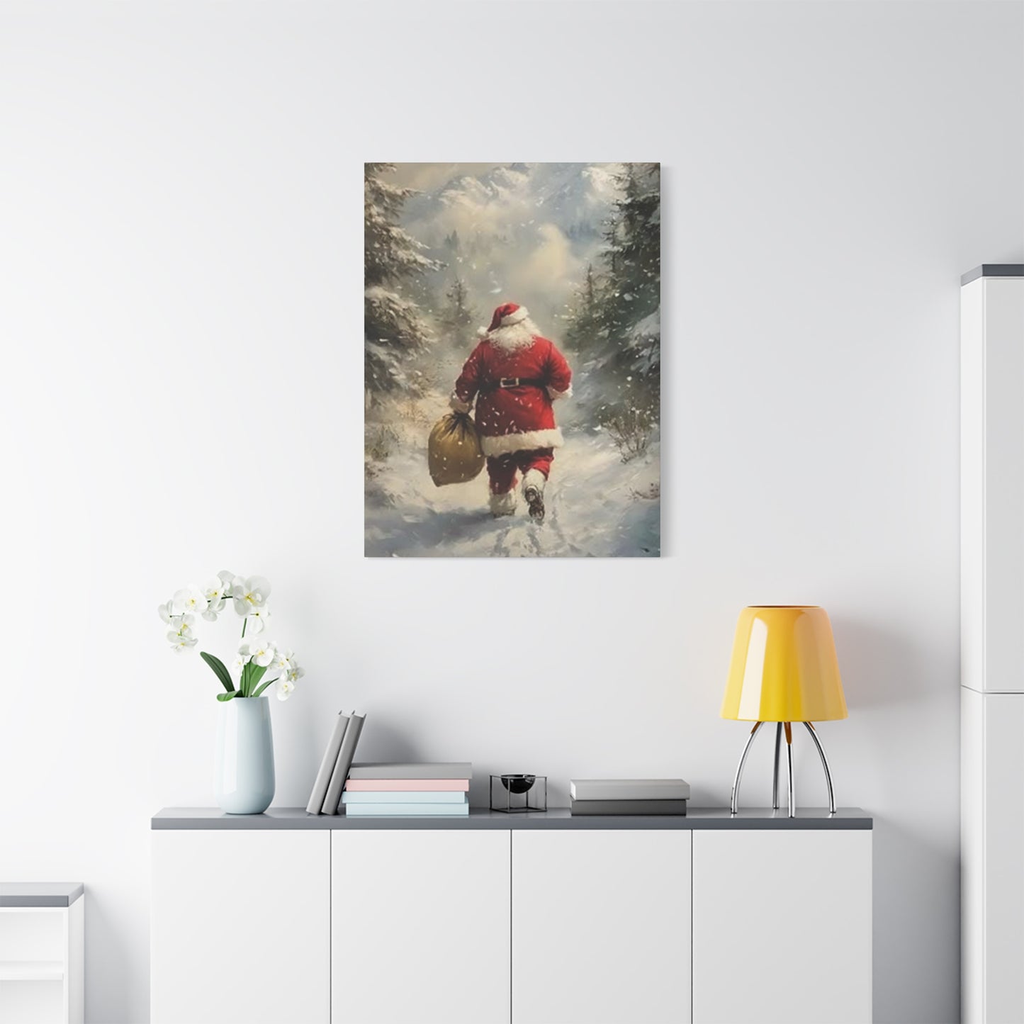 Santa Claus Running In Snow Wall Art & Canvas Prints