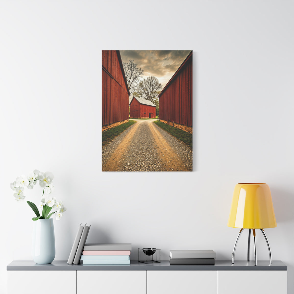 Country Lane Between Red Barns Wall Art & Canvas Prints