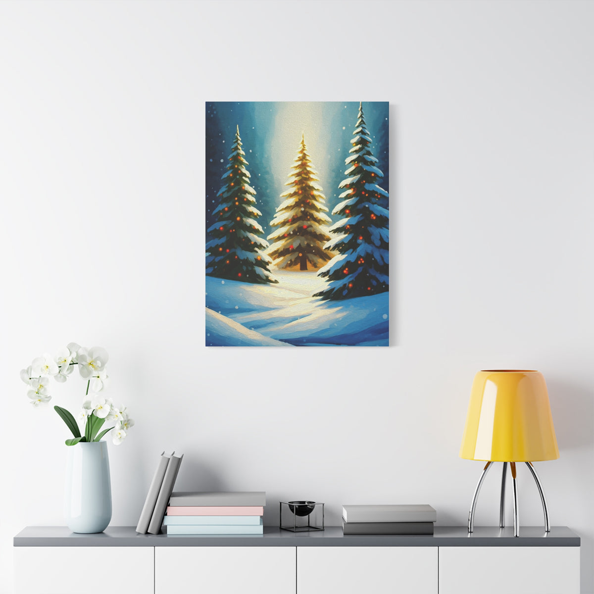 Impressionist Christmas Pine Forest with Falling Snow Wall Art & Canvas Print