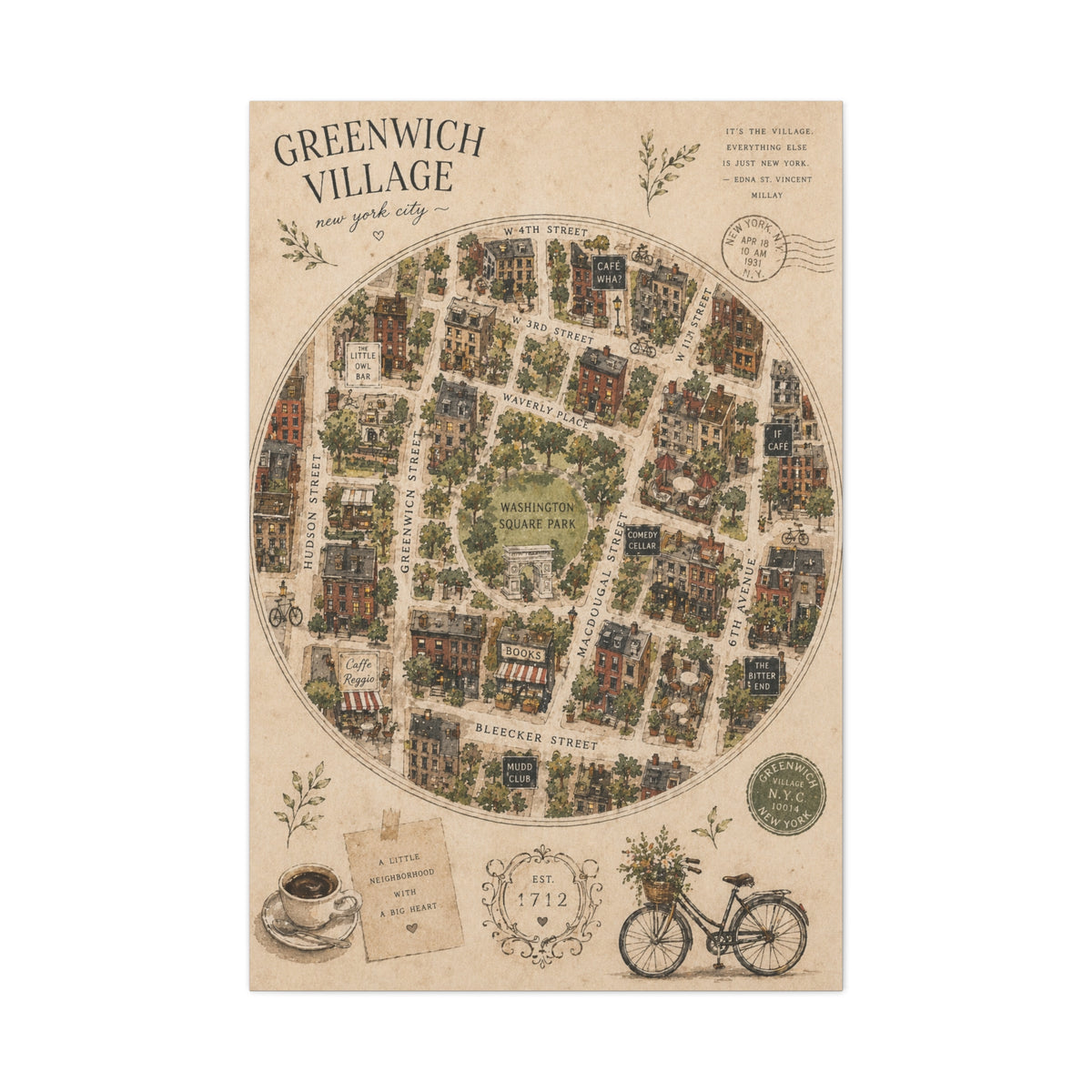 Greenwich Village Illustrated Map Wall Art & Canvas Print