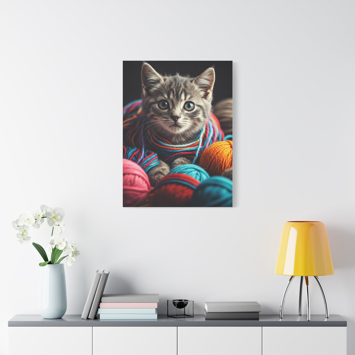 Kitten in Colorful Yarn Wall Art & Canvas Prints