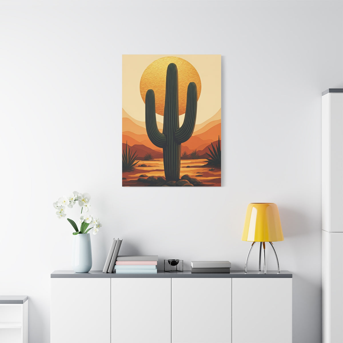 Golden Sun Desert Saguaro Illustration Wall Art & Canvas Prints