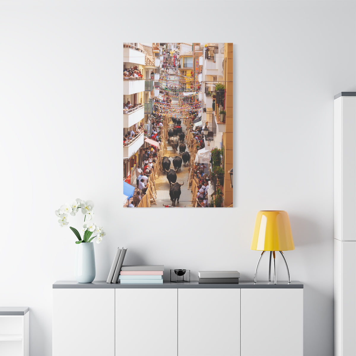Spanish Village Bull Festival Street Scene Wall Art & Canvas Print