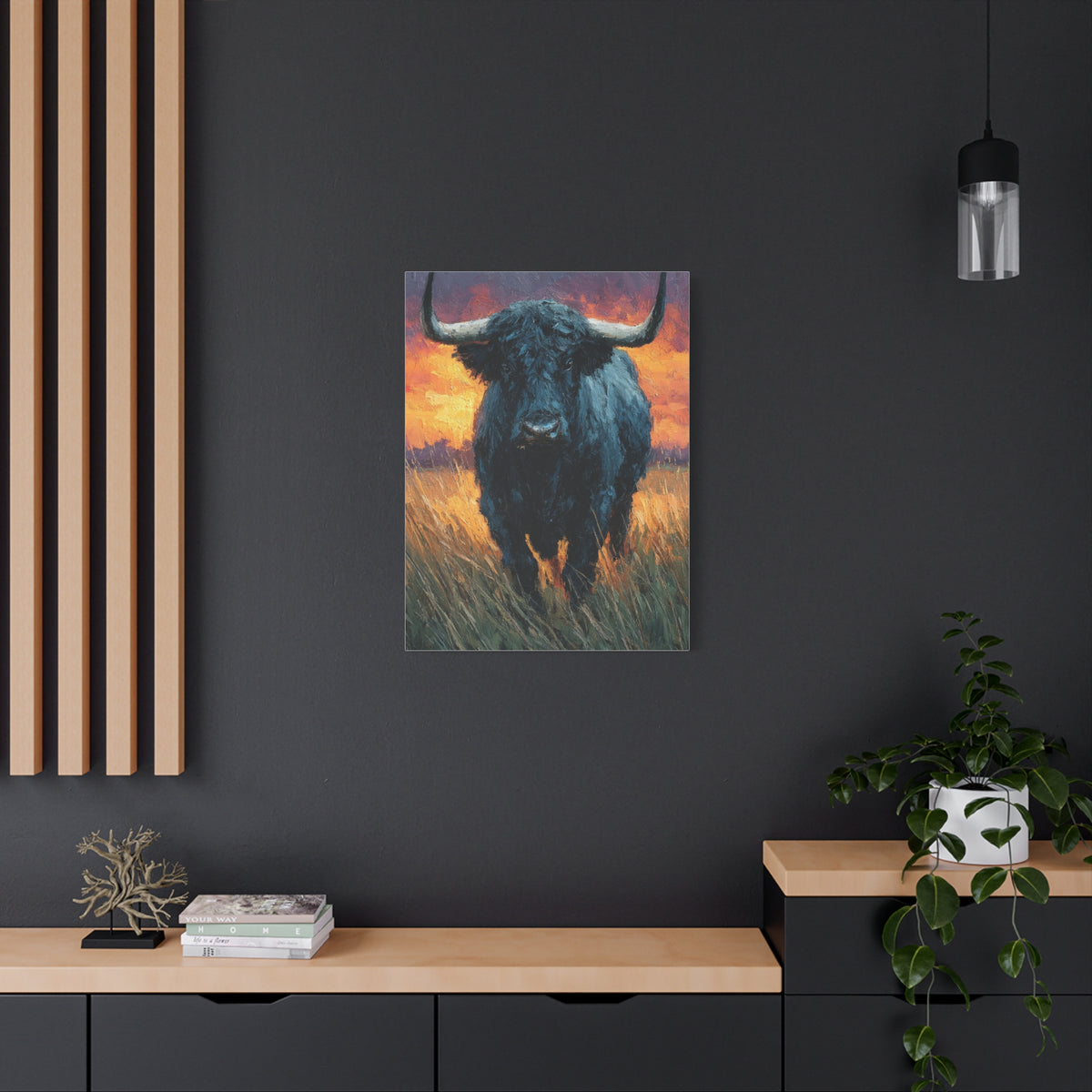 Majestic Bull at Sunset Oil Painting Wall Art & Canvas Print